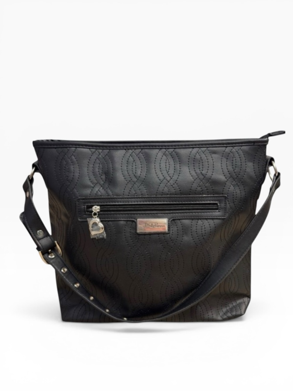 NWT Bella Russo Black Quilted Faux Leather Shoulder Bag Heart Charm Accent